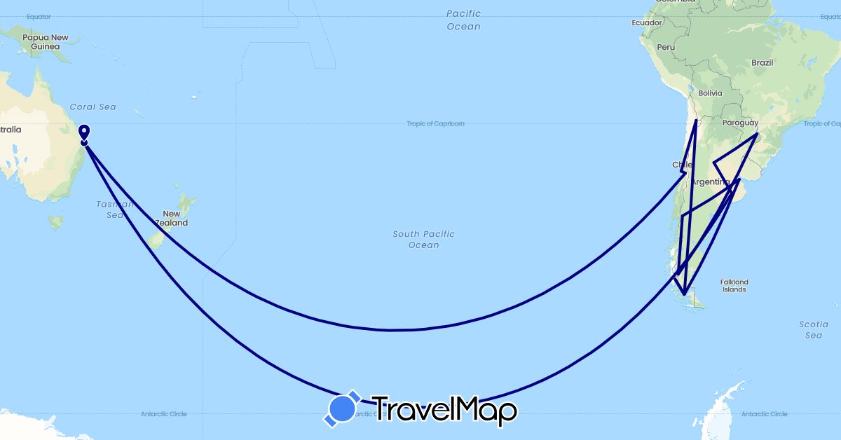 TravelMap itinerary: driving in Argentina, Australia, Brazil, Chile (Oceania, South America)