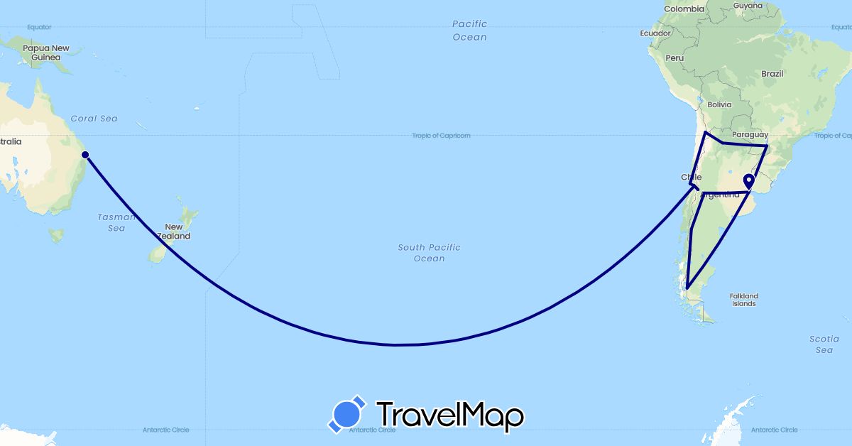 TravelMap itinerary: driving in Argentina, Australia, Brazil, Chile (Oceania, South America)